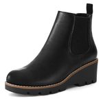 mysoft Women's Chelsea Wedge Booties Platform Lug Sole Elastic Low Wedge Heel Slip On Ankle Boots, Black Pu, 8