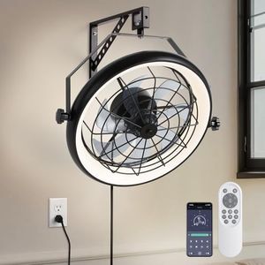 23" Wall Mount Fan with Remote App Control, Quiet 6 Speed Wall Mounted Fan with Light and Timer, 3 Color Dimmable, 360° Adjustable Tilt Plug in Ceiling Fan for Garage, Home, Greenhouse, Patio