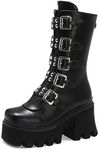 YIYA Black Platform Goth Boots for Women Studded Wide Mid Calf Combat Punk Boots Round Toe Buckle Chunky Heel Back Zipper Thick Sole Ankle Booties, 1 Black, 11