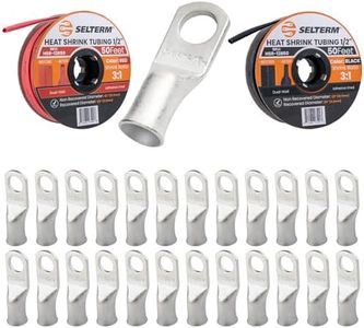 SELTERM 25pcs 4 AWG 5/16" Battery Lugs with 1/2" 50ft Black & Red Marine Grade Heat Shrink Tubing Roll, 3:1 Dual Wall Adhesive, Heavy Duty Copper Wire Connectors for Battery Cable Ends & Terminals