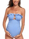 EastElegant Maternity Ruffle Ribbed Cutout One Piece Swimwear Square Ring Linked Pregnancy Bathing Suit, Blue, Medium