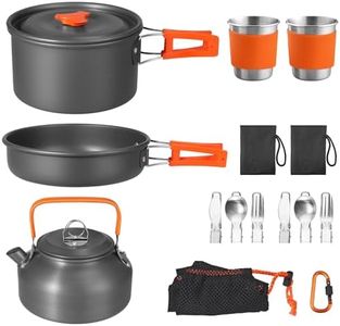 FUNYKICH 17PCS Utensilios Cocina Camping, Antiadherente Ligero Camping Ollas y Sartenes con Hervidor de Agua, Tazas de Acero Inoxidable, Tenedores Plegables Cuchillos Cucharas para Acampar