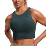 CRZ YOGA Butterluxe Racerback High Neck Longline Sports Bras for Women - Padded Workout Crop Tank Tops with Built in Bra, Forest Dark Green, Medium