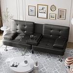 Shahoo Convertible Folding Futon Sofa Bed Sleeper Couch for Living Room Faux Leather Upholstered Loveseat w/Removable Armrests, Metal Legs, 2 Cup Holders, Black