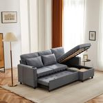 Miyemo 3 Seater Sofa Bed with Storage, 3-In-1 Convertible Corner Sofa Bed with Cup Holders & Magazine Pockets, L Shaped Sofa for Living Room, Office, Grey