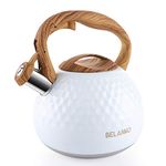 Tea Kettle, 3 Liter BELANKO Teapot Whistling Kettle with Wood Pattern Handle Loud Whistle, Food Grade Stainless Steel Tea Pot for Stovetops Induction Diamond Design Water Kettle - Gloss White