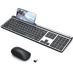 CHESONA Wireless Keyboard and Mouse Combo, with Phone Holder, Bluetooth Rechargeable Full Size Multi-Device (Bluetooth 5.0+3.0+2.4G), Compatible with OS/iOS/Windows/Android, Silver Black