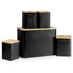 EHC 5pc Kitchen Storage Containers Set with Airtight Lids Includes Set of 3 Airtight Square Tea, Coffee, and Sugar Canisters, Airtight Biscuit Barrel/Cookie Jar, Bread Bin With Wood Lid - Black