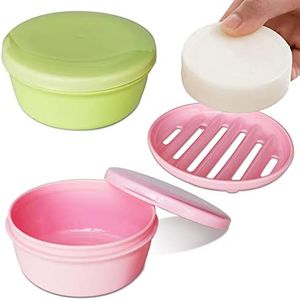 2 Pack Portable Round Soap Dishes, Plastic Soap Container with Lid Leak-Proof Drain Soap Box Holder Soap Container for Home Traveling Outdoor Hiking Camping Gym (Green + Pink)