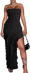 YMDUCH Women's Sexy Strapless Irregular Ruffle Hem Tassel High Split Party Long Dress, Black, Small