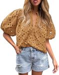 PRETTYGARDEN Women's Summer Tops 2025 Dressy Casual Short Sleeve V Neck Buttons Hollow Out Lace Embroidered Blouses Shirts (Khaki,Small)