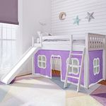 Max & Lily Low Loft Bed, Twin Bed Frame with Slide and Curtains for Bottom, White/Purple