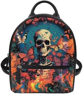 Freewander Skull Mini Backpack for Women for Work College Ladies Fashion Backpack Purse with Adjustable Strap and Zipper PU Leather Daypack, Butterfly Flame Print