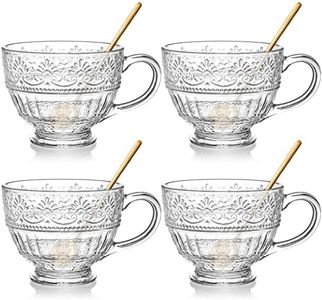 AVLA 4 Pack Glass Coffee Mugs, 16 OZ Clear Tea Cups with Handle and Spoons, Crystal Drinking Glassware for Latte, Cappuccino, Americano, Juice, Hot Beverage, Water, Dishwasher & Microwave Safe