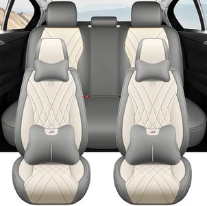 Amooca Car Seat Covers Full Set Automotive Seat Protection Fit for Most Cars SUVs Front & Back Seats Waterproof Nappa Leather Car Seat Cushion Breathable Beige Grey with Pillow & Lumbar Support