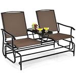 Tangkula 2 Person Glider Bench Chair, Patio Rocking Loveseat w/Center Tempered Glass Table, Outdoor Swing Bench w/Steel Frame & Breathable Mesh Fabric for Porch, Balcony, Poolside