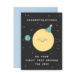 First Birthday Baby Card - 1 Year Old Birthday Card For Boys And Girls - 'Your First Trip Around The Sun' - Space Birthday Cards For Kids - Baby Boy Gifts Age One - Comes With Stickers