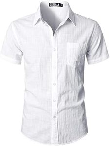 ZEROYAA Men's Casual Urban Stylish Slim Fit Short Sleeve Button Up Dress Shirt with Pocket, White, Small