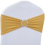 Babenest Spandex Chair Sashes Bows Premium Stretch Chair Cover Band with Buckle Slider Universal Elastic Chair Ties for Wedding Party Ceremony Reception Banquet Decoration (Gold, 100)