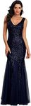 Sleeveless Double V-Neck Long Mermaid Sequin Formal Evening Dresses, Navy Blue, Small