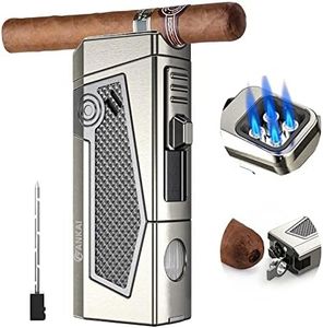 FANKAI Cigar Lighter 4 Torch Jet Flame, Cigar Punch & Holder, Cigar Draw Enhancer, Refillable Torch Lighter, Multi-Functional Cigar Accessories, Windproof Lighters for Smoking with Gift Box, Grey