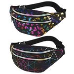 FANTESI 2 Pack Shiny Bumbag Waist Bag, Holographic Fanny Pack Double Zipper Belt Bag Festival Rave Bumbags Waterproof Hip Pouch for Ladies Women Ladies Girls Travel Party Sports Running Hiking