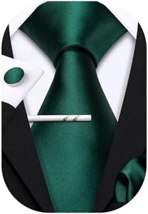 Barry.Wang Men Ties Set Solid Classic Satin Necktie Pocket Square Cufflinks Clip 4PCS for Men Wedding Formal Business, Satin Emerald Green, One Size