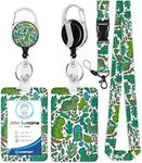 Plifal ID Badge Holder with Lanyard and Retractable Badge Reel Clip, Cute Tropical Leaves Name Tag Lanyard Vertical ID Protector Bage Clips for Nurse Nursing Doctor Teacher Student Women