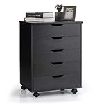 5 Drawers File Storage Cabinet, 26.5" Vertical Filling Cabinet for Home Office, Under Desk Office Drawer Organizer, Universal & Lockable Casters, Rolling Printer Storage Rack (Black)