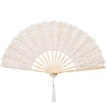 BABEYOND Cotton Lace Folding Handheld Fan Embroidered Bridal Hand Fan with Bamboo Staves for Wedding Decoration Dancing Party (Beige)