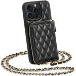 LAMEEKU Wallet Case Compatible with iPhone 13 Pro, Quilted Leather Crossbody Wallet Case with Chain Strap for Women Shockproof Case Compatible with iPhone 13 Pro, 6.1 Inch-Black