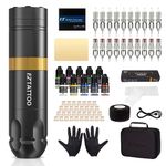 EZ Tattoo Kit - Tattoo Gun Kit Complete with Rotary Tattoo Machine Pen, 1500mAh Battery Power Supply, 20Pcs Tattoo Needles and 10 Color Inks for Tattoo Beginners and Artists (Caster S Golden)