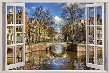Mi Alma Huge 3D Vinyl Wall Decal Decal, White Window Frame Style Home Décor Art Removable Wall Decal, 33.5"x 45" (Nederland Amsterdam Bridge)