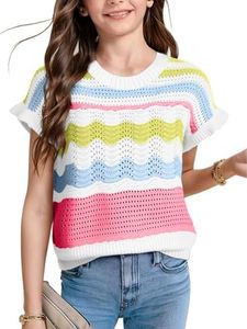 WIFFGO Girls Boho Crochet Tops Teen Cute Spring Summer Striped Short Ruffle Sleeve Sweater Vest Casual Shirt Outfits Dark Pink