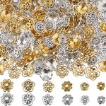 SUNNYCLUE 1 Box 240Pcs 12 Styles Filigree Flower Bead Caps Large Flower Spacer Beads Bulk Gold Silver Tibetan Alloy Flat Bead End Caps Findings for jewellery Making Supplies Bracelet Necklace Earrings