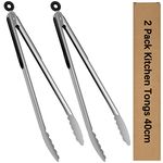 Kitchen Tongs, 40cm Long Stainless Steel Barbecue Grill Tongs for Cooking, Large Metal Food BBQ Tongs with Heat Resistant Silicone Grips for Serving Frying Salad Pasta, 2 Packs