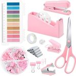 10 in 1 Pink Office Supplies,Pink Desk Accessories for Wome,Office Supplies Set with Stapler and Tape Dispenser,Scissors,Staple Remover,Staples,Clips & Labels,Gift for Student or Colleague