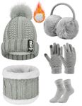 Yusongirl 5PCS Women Girls Winter Knitted Hat Scarf Gloves Earmuffs Stockings Fashion Pompom Hats Neck Warmer Socks Warm Knit Outdoor Skiing Cycling Set, Gray