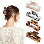 HAYHOI 4PCS Hair Claw Clips, Celluloid French Butterfly Jaw, Tortoise Shell Grip Pin Teeth Clamp -Leopard Print Stylish Hair Accessories for Women Girls Thick Thin Curly Straight Long Hair, Size 3.4“