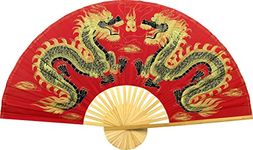 Dragons Folding Wall Fan Hand-painted Chinese Decor Artwork (60 inch wide, Red Dragons)