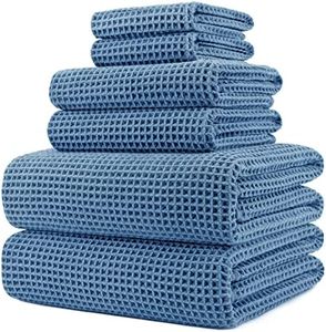 POLYTE Oversize, 60 x 30 in., Quick Dry Lint Free Microfiber Bath Towel Set, 6 Piece (Blue, Waffle Weave)