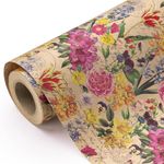 WRAPAHOLIC Kraft Floral Wrapping Paper Roll - Mini Roll - 17 Inch x 33 Feet - All Occasion Vintage Flower for Wedding Bridal Shower Birthday