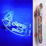 CoolGift Mart Light Up Skateboard Wall Mount, Acrylic Skateboard Rack with Skateboarding Pattern Blue LED Lights for Trick(Street or Vert) Board Longboard Penny board Storage and Display, Skater Gifts