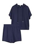 REORIA Women Tracksuit Set with short sleeve Hoodie and flowy Shorts two piece Outfit co ord Sets for Women Navy Blue XXL