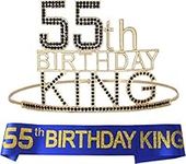 55th Birthday King Crown and Sash for Men - Majesty Gold & Black Premium Metal Crown for Him + Blue & Gold Sash, 55th Birthday Accessory Set Gifts for Theme Party