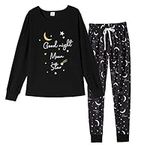 MyFav Womens Pajamas Set Fashion Long Sleeve Moon Star Print Casual Sleepwear Crew Neck T Shirt and Long Pants Two Piece Pj Sets with Drawstring,Black,S