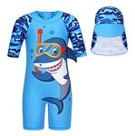 AmzBarley Boy's UV Protection Shark Swimsuit Children One-piece Half Sleeves Swimwear Swimming Costume Kids Cartoon Animal Swim Wetsuit, Blue Shark, 2-3 Years(Tag 4/Height 95-105cm)