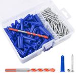 Concrete Anchors and Screws Kit, 100Pcs Masonry Anchors and 100Pcs Masonry Screws with 1Pcs Corresponding Bit, Blue Conical Anchors and Self Tapping Screws for Stucco Concrete Masonry Brick Wall