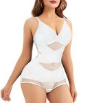 Nebility Shapewear Bodysuit for women Mesh Tummy Control Waist Trainer Body Shaper Under Dress V Neck Bra Jumpsuit Tops(White,Medium)