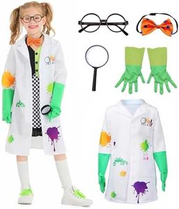 Wbesty Kids Mad Scientist Costume with Eyeglass Frames Bow Tie Gloves Magnifying Glasses 5Pc Lab Coat Set Dress Up for Halloween Party, 8-10Y White Coat